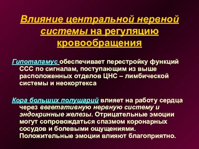 Влияние центральной нервной системы на регуляцию кровообращения Гипоталамус обеспечивает перестройку