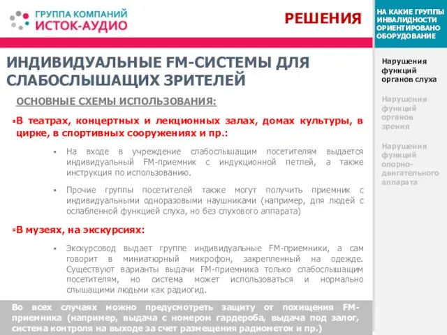 ИНДИВИДУАЛЬНЫЕ FM-СИСТЕМЫ ДЛЯ СЛАБОСЛЫШАЩИХ ЗРИТЕЛЕЙ Нарушения функций органов слуха Нарушения