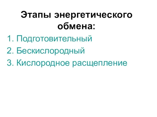 Этапы энергетического обмена: 1. Подготовительный 2. Бескислородный 3. Кислородное расщепление