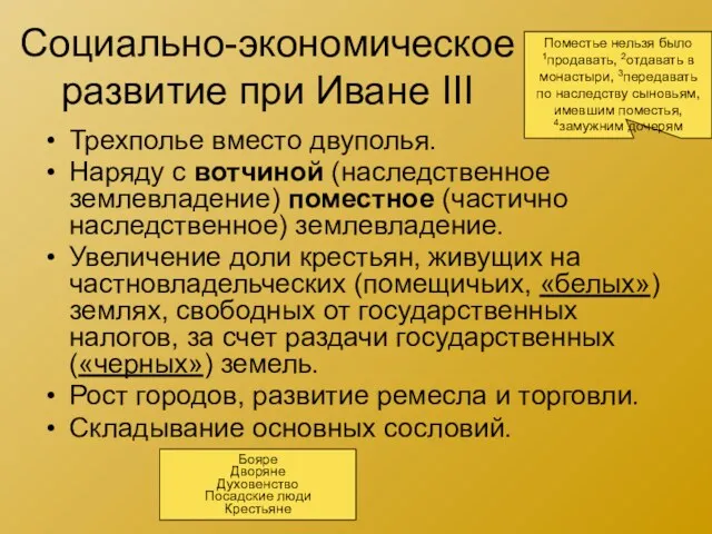 Социально-экономическое развитие при Иване III Трехполье вместо двуполья. Наряду с