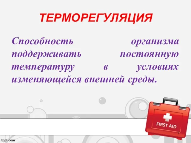 ТЕРМОРЕГУЛЯЦИЯ Способность организма поддерживать постоянную температуру в условиях изменяющейся внешней среды.