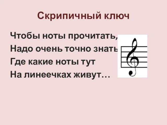 Скрипичный ключ Чтобы ноты прочитать, Надо очень точно знать, Где какие ноты тут На линеечках живут…