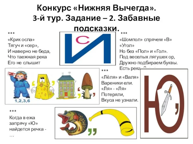 Конкурс «Нижняя Вычегда». 3-й тур. Задание – 2. Забавные подсказки.