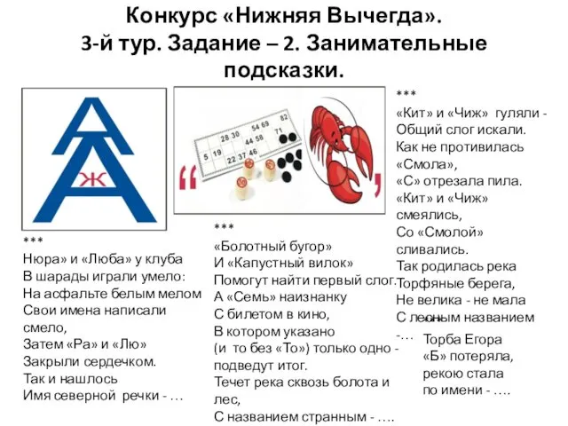 Конкурс «Нижняя Вычегда». 3-й тур. Задание – 2. Занимательные подсказки.