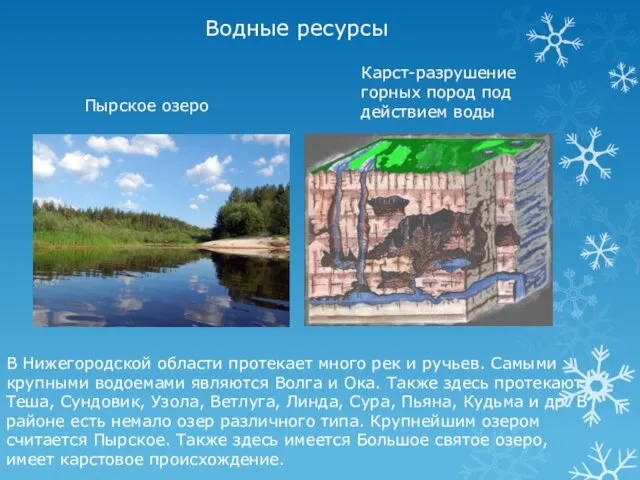 Водные ресурсы В Нижегородской области протекает много рек и ручьев.