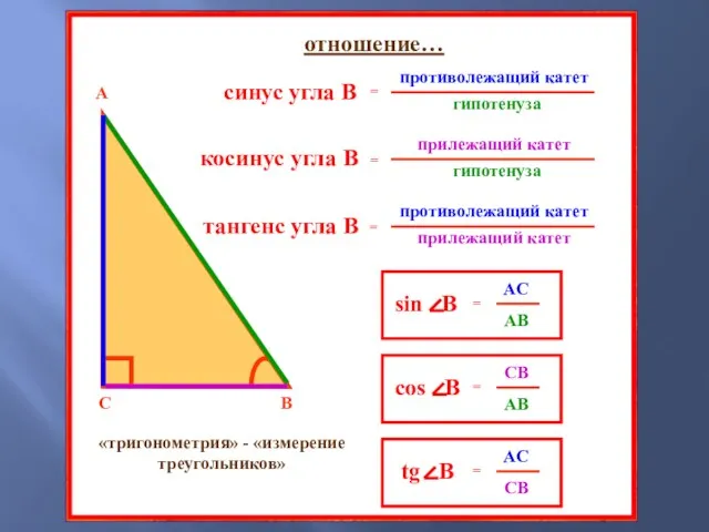 С В А «тригонометрия» - «измерение треугольников» отношение…