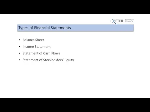 Types of Financial Statements Balance Sheet Income Statement Statement of Cash Flows Statement of Stockholders’ Equity