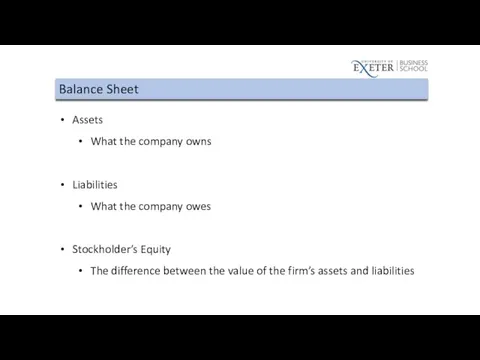 Balance Sheet Assets What the company owns Liabilities What the