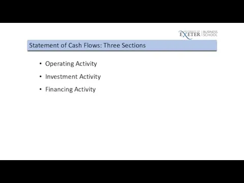 Statement of Cash Flows: Three Sections Operating Activity Investment Activity Financing Activity