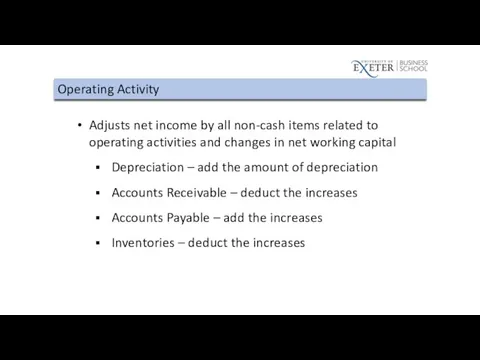 Operating Activity Adjusts net income by all non-cash items related