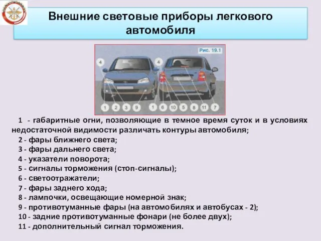 Внешние световые приборы легкового автомобиля 1 - габаритные огни, позволяющие