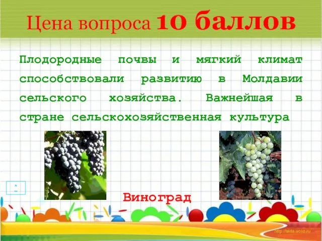 Цена вопроса 10 баллов Плодородные почвы и мягкий климат способствовали развитию в Молдавии