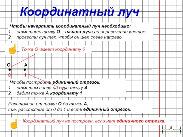 Координатный луч Чтобы начертить координатный луч необходимо: отметить точку О