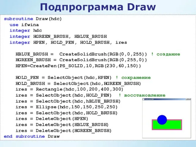 Подпрограмма Draw subroutine Draw(hdc) use ifwina integer hdc integer HGREEN_BRUSH,