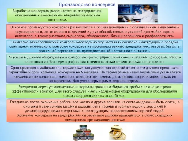 Производство консервов Выработка консервов разрешается на предприятиях, обеспеченных ежесменным микробиологическим