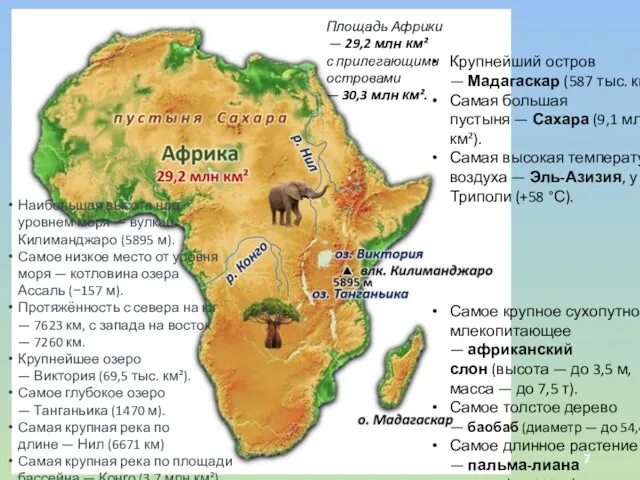 Площадь Африки — 29,2 млн км² с прилегающими островами — 30,3 млн км².