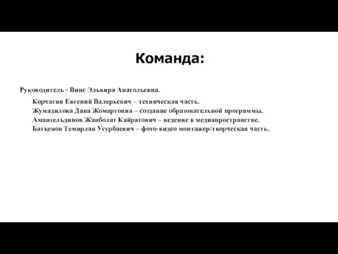 Команда: Руководитель - Винс Эльвира Анатольевна. Корчагин Евгений Валерьевич –