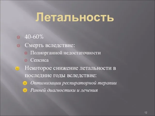 Летальность 40-60% Смерть вследствие: Полиорганной недостаточности Сепсиса Некоторое снижение летальности в последние годы