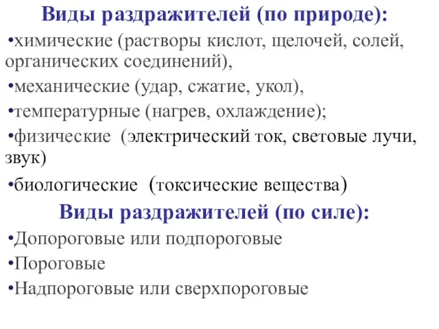 Виды раздражителей (по природе): химические (растворы кислот, щелочей, солей, органических