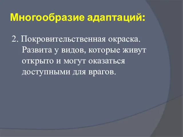 Многообразие адаптаций: 2. Покровительственная окраска. Развита у видов, которые живут