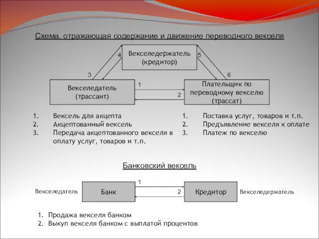 Схема, отражающая содержание и движение переводного векселя Векселедержатель (кредитор) Векселедатель