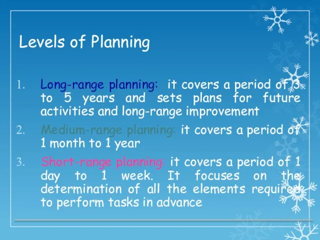 Levels of Planning Long-range planning: it covers a period of 3 to 5
