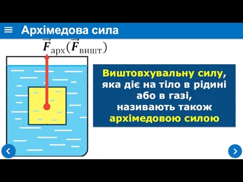 Архімедова сила Виштовхувальну силу, яка діє на тіло в рідині