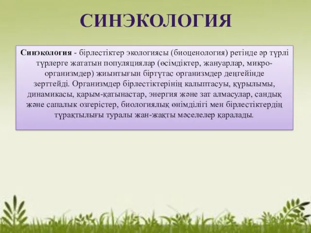 СИНЭКОЛОГИЯ Синэкология - бірлестіктер экологиясы (биоценология) ретінде әр түрлі түрлерге