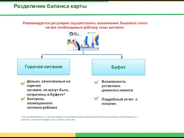 Разделение баланса карты Рекомендуется регулярно осуществлять пополнение Лицевого счета на