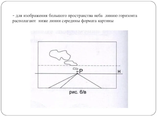 - для изображения большого пространства неба линию горизонта располагают ниже линии середины формата картины