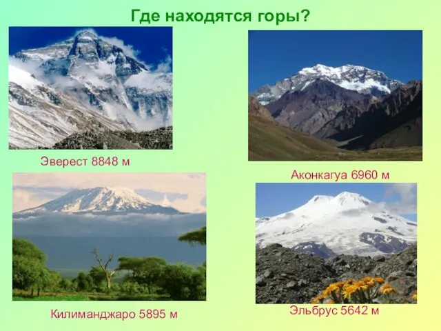 Где находятся горы? Эверест 8848 м Аконкагуа 6960 м Килиманджаро 5895 м Эльбрус 5642 м