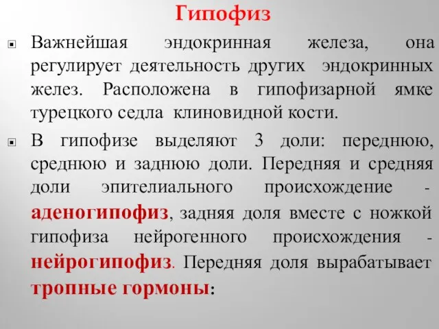 Гипофиз Важнейшая эндокринная железа, она регулирует деятельность других эндокринных желез.