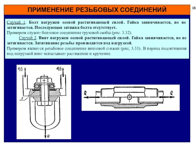 ПРИМЕНЕНИЕ РЕЗЬБОВЫХ СОЕДИНЕНИЙ 18 Случай 1. Болт нагружен осевой растягивающей силой. Гайка завинчивается,