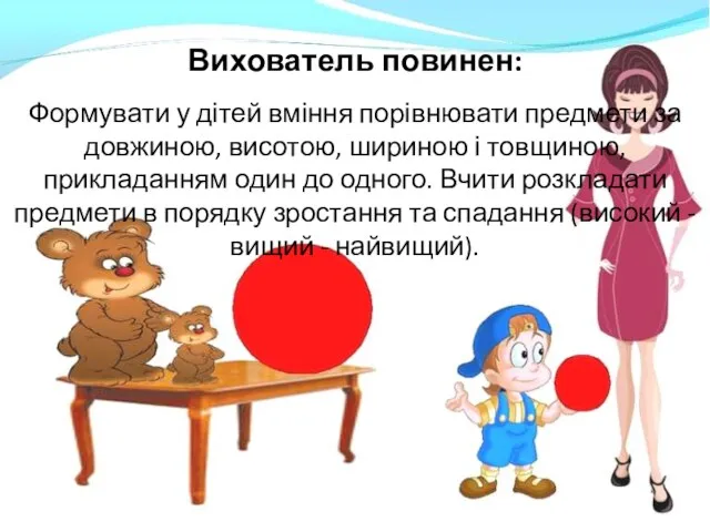 Вихователь повинен: Формувати у дітей вміння порівнювати предмети за довжиною,