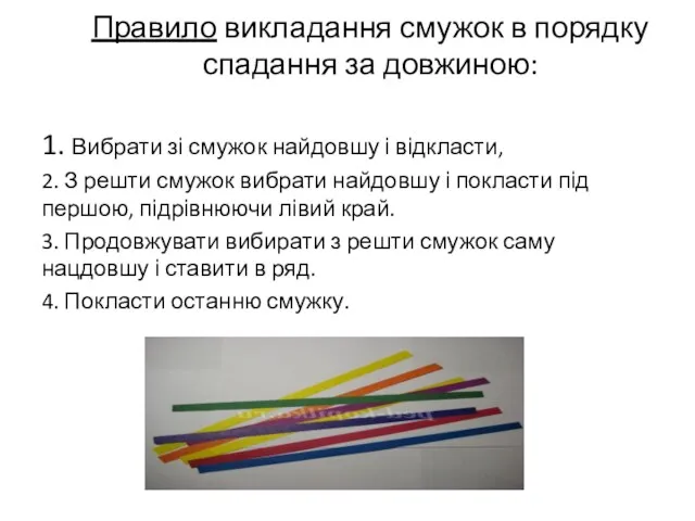 Правило викладання смужок в порядку спадання за довжиною: 1. Вибрати зі смужок найдовшу