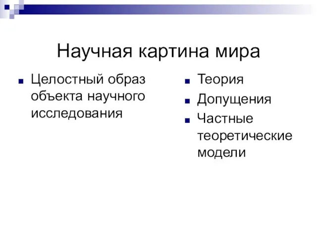 Научная картина мира Целостный образ объекта научного исследования Теория Допущения Частные теоретические модели