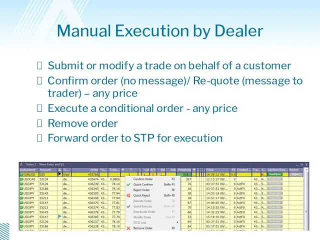 Manual Execution by Dealer Submit or modify a trade on