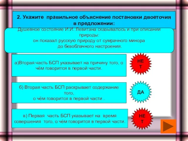 2. Укажите правильное объяснение постановки двоеточия в предложении: Душевное состояние