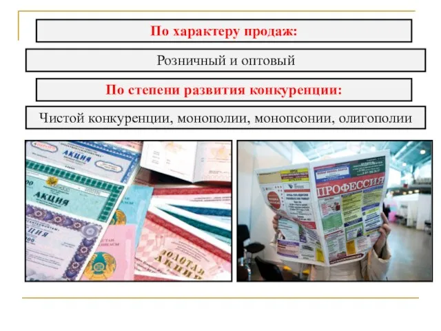 По характеру продаж: Розничный и оптовый По степени развития конкуренции: Чистой конкуренции, монополии, монопсонии, олигополии