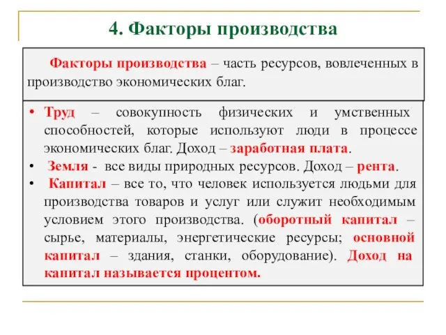 4. Факторы производства Факторы производства – часть ресурсов, вовлеченных в