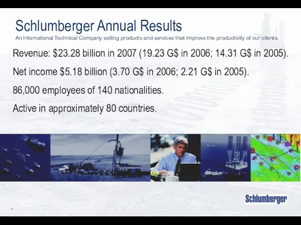 * Schlumberger Annual Results An International Technical Company selling products
