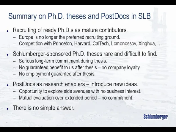 * Summary on Ph.D. theses and PostDocs in SLB Recruiting