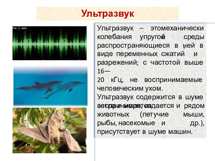 Ультразвук механические Ультразвук – это колебания упругой среды, распространяющиеся в