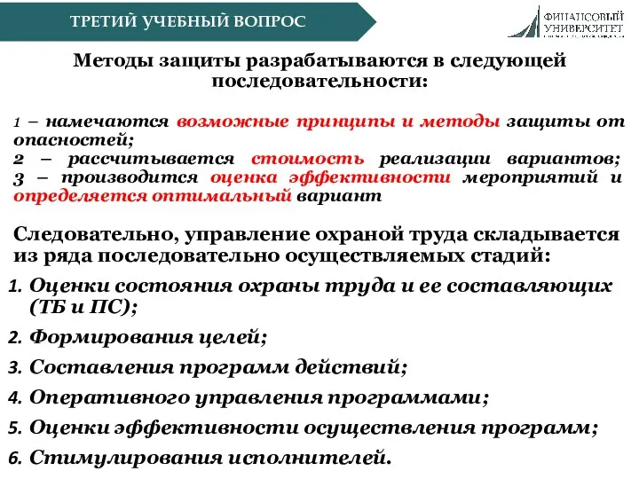 ТРЕТИЙ УЧЕБНЫЙ ВОПРОС Методы защиты разрабатываются в следующей последовательности: 1