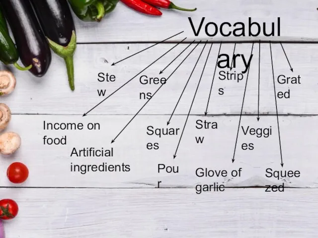 Vocabulary Artificial ingredients Income on food Glove of garlic Greens