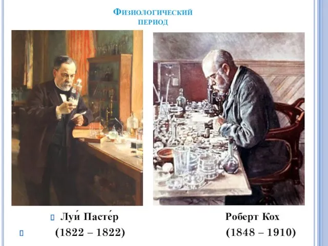 Физиологический период Луи́ Пасте́р Роберт Кох (1822 – 1822) (1848 – 1910)