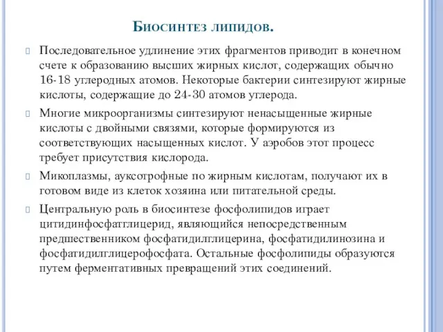 Биосинтез липидов. Последовательное удлинение этих фрагментов приводит в конечном счете