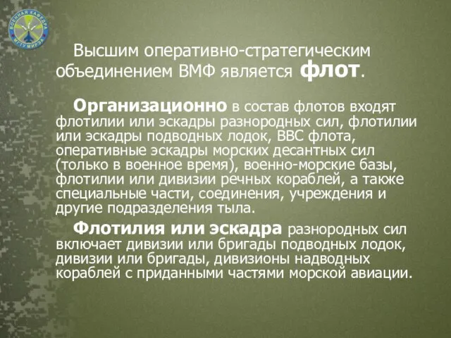 Высшим оперативно-стратегическим объединением ВМФ является флот. Организационно в состав флотов