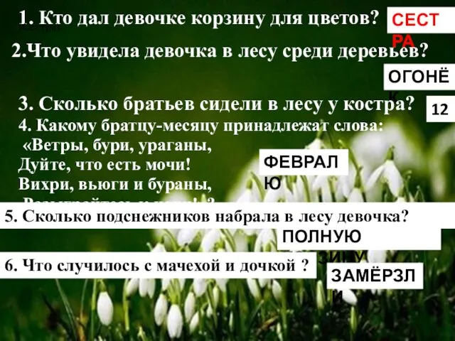 1. Кто дал девочке корзину для цветов? (Сестра) СЕСТРА 2.Что