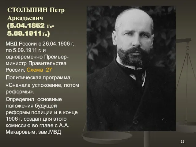 СТОЛЫПИН Петр Аркадьевич (5.04.1862 г.- 5.09.1911г.) МВД России с 26.04.1906